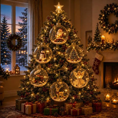 12pcs Glowing Christmas Ornaments Mini Gold Light-Up Holiday Decor with Scene Inside
