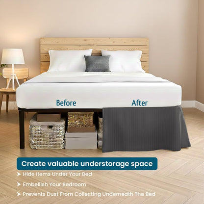 Queen Bed Skirt with Zipper Closure - 18 Inch Dust Ruffle, Dark Grey Stripe