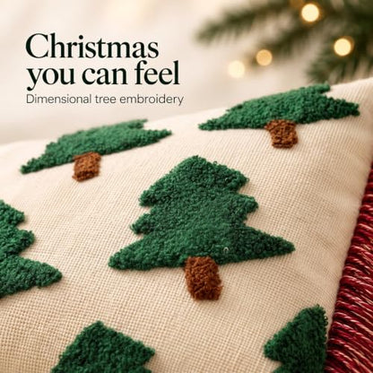 Christmas Pillow Covers Set of 2 - 18x18 Inch Tree Embroidered Throw Pillowcases with Tassels