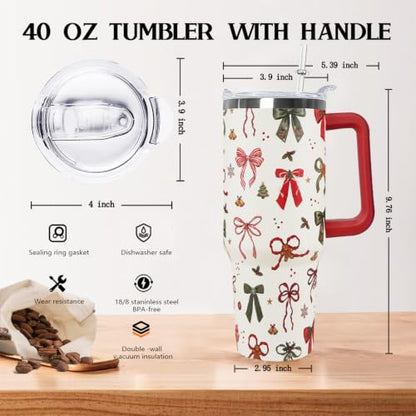 Christmas Bow 40oz Insulated Travel Tumbler with Handle - Festive Stainless Steel Mug