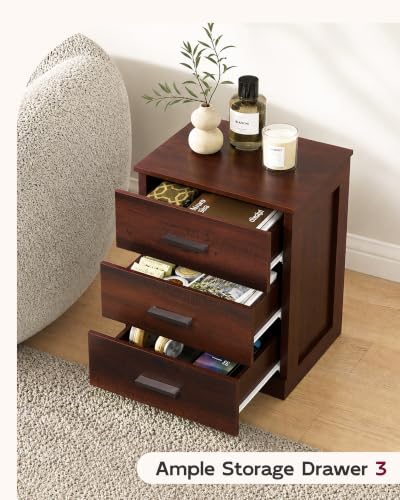 WLIVE Espresso 3-Drawer Nightstand with Large Top - Wood Bedside Table