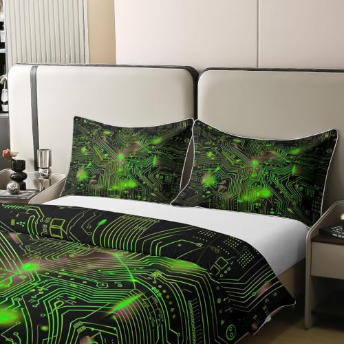 Green Black Twin Cotton Duvet Cover Set with Hidden Zipper & Corner Ties