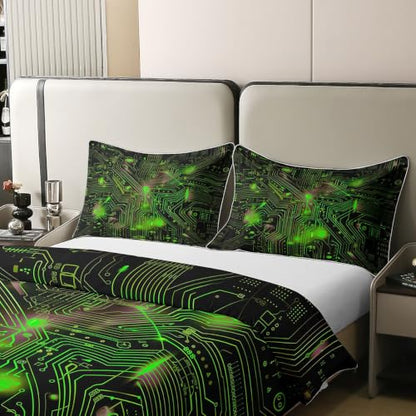 Green Black Twin Cotton Duvet Cover Set with Hidden Zipper & Corner Ties