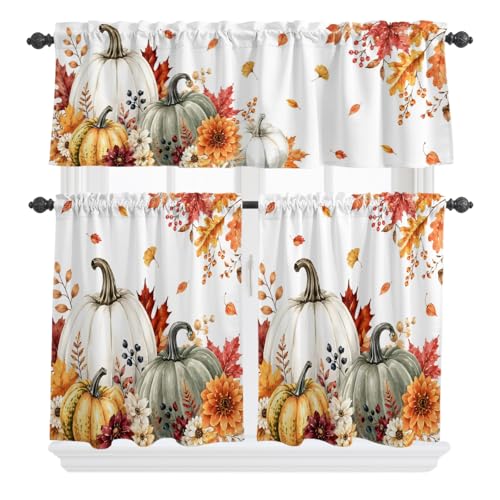 White Green Pumpkins Fall Kitchen Curtain Set Small Half Curtains 24 Inch Length - Pack of 3 White / 54" W x 24" L