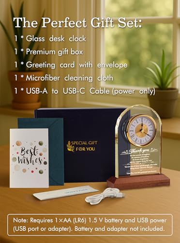 Thank You Gifts for Women Men - Glass Clock with 3-Color LED Wooden Base - Thank You Gift with Wooden Light Base