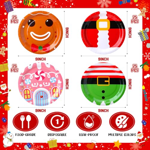 Christmas Paper Plates 100 Pack - 9 Inch Disposable Holiday Party Plates - Xmas