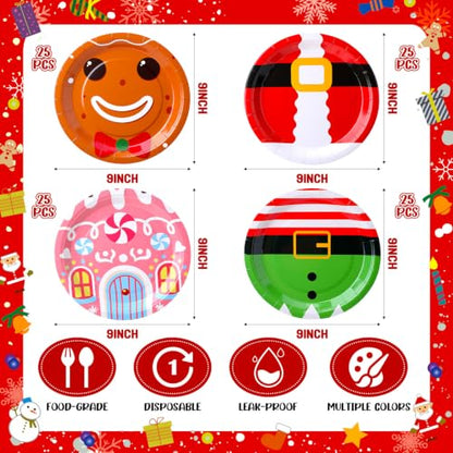 Christmas Paper Plates 100 Pack - 9 Inch Disposable Holiday Party Plates - Xmas