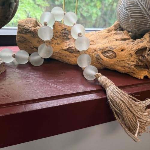 Frosted Glass Bead Garland - White Coastal Decor, 46 Inch with Tassels