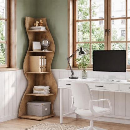 Tribesigns Modern Wavy Corner Shelf Stand - Light Brown, 5-Tier