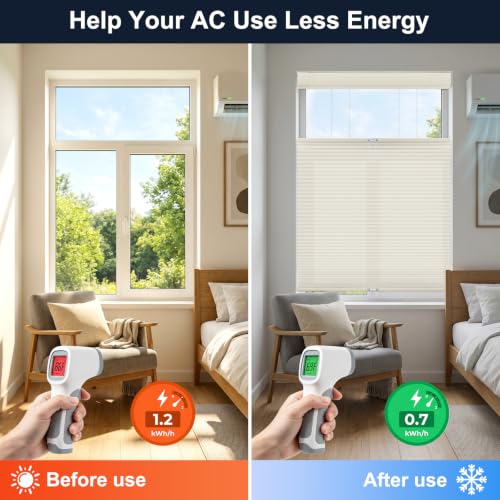 Beige No Drill Top Down Bottom Up Cellular Window Shades 34.5W x 64H