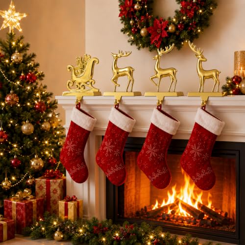 Christmas Stocking Holders for Mantle - Weighted Metal Hooks 4 Pack - G-DEER / 4