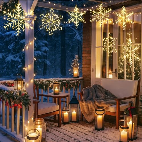 Glooglitter 6 Pack 13-Inch Christmas Snowflake Window Lights - Warm White, USB Powered, 8 Modes