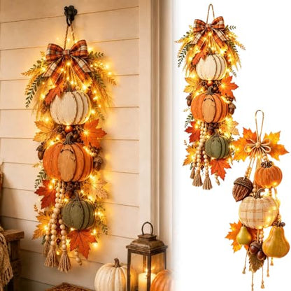 Rustic Wooden Pumpkin Door Hanging Swag with Warm LED Lights - Orange - Fall Decor