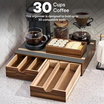 Acacia Wooden Coffee Pod Organizer Storage Box with Drawer and Accessories