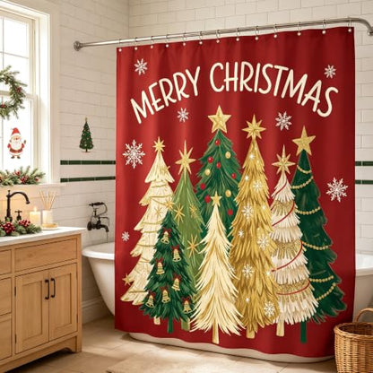 Burgundy Red Christmas Shower Curtain Set with 12 Hooks 72x72 Inches