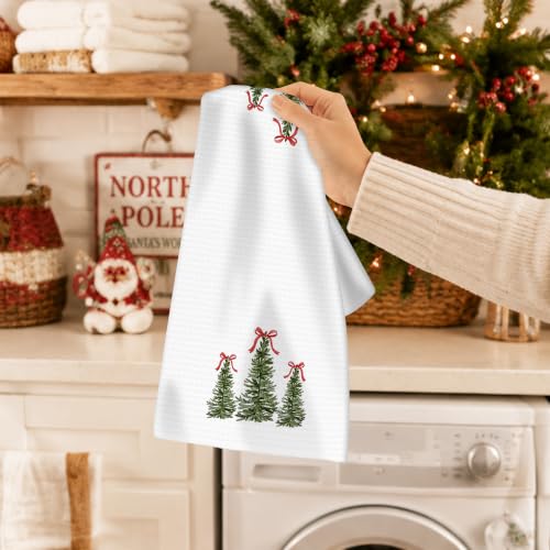 EGBTL Coquette Bow Christmas Tree Kitchen Towels - Three Tree Variation, Red Ribbon Xmas Hand Towels, 16x24 Inches