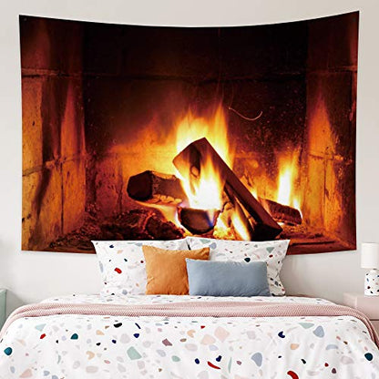 Fireplace Tapestry Wall Hanging Christmas Wood Fire Brick Decor 39.4x27.6 Inches