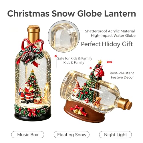 Christmas Snow Globe Bottle Lantern Musical Decor - Santa & Gnome Variation A