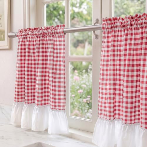Red Gingham Ruffled Farmhouse Curtain Set - 3 Pieces, Valance 60x18 & Tiers 30x36, Variation of THIS listing