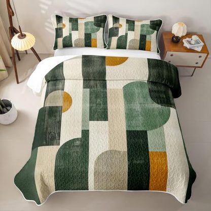 Fern & Marigold Geometric Quilt Set Twin - Mid-Century Modern Bedding with Pillowcases