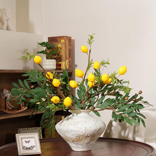 Mediterranean Faux Olive and Lemon Branches Set - 24 Inch Decorative Flowers for Weddings & Home Decor (6 Olive Stems + 3 Lemon Branches)
