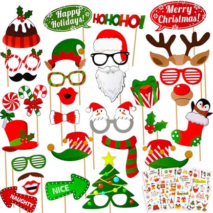 Christmas Photo Booth Props Set with Stickers - 40 Pieces for Holiday Parties