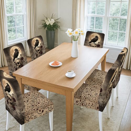 Black Skull Chair Covers for Dining Chairs - Gothic Roses Crow Halloween 6pcs