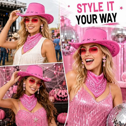 Pink Cowgirl Hat with Heart-Shaped Sunglasses & Bandana - Costume Accessory Set