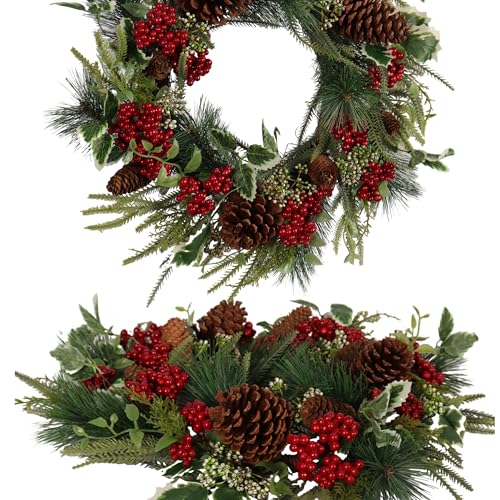 20 Inch Christmas Wreath with Holly Leaves - Artificial Door Holiday Decor