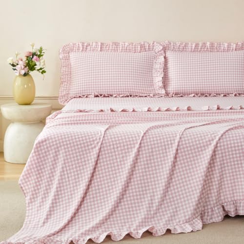 Pink Gingham Ruffle Sheet Set for Girls, Full Size - 4 Pieces Variation of Pink Gingham / Full