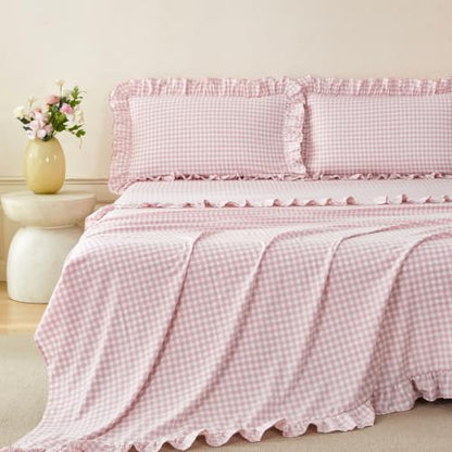 Pink Gingham Ruffle Sheet Set for Girls, Full Size - 4 Pieces Variation of Pink Gingham / Full