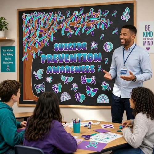 Suicide Prevention Awareness Bulletin Board Decor Set with Tree & Ribbon Cutouts