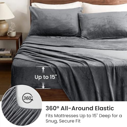 Love's Cabin Flannel Sheets Set Queen Grey 4 Pieces Deep Pocket