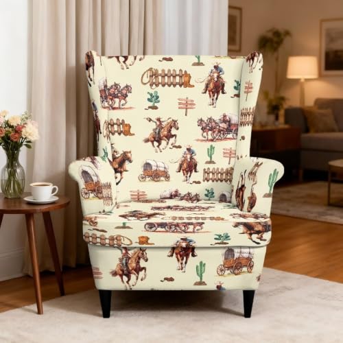 Western Cowboy Horse Wingback Chair Cover Reversible Dustproof Slipcover with Ottoman Protector - Fits Most Wing Chairs, Washable, Furniture Protector