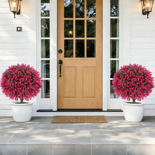 Artificial Eucalyptus Topiary Ball Trees Set of 2 - 24 Inch with Ground Spikes - Faux Garden Decor