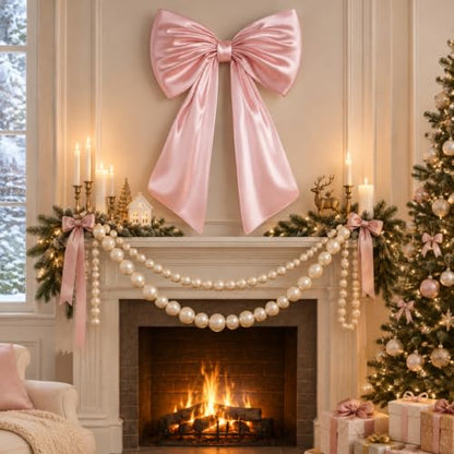 Christmas Pink Bow Garland with Pearl Beads for Outdoor Decor - 3 Pieces