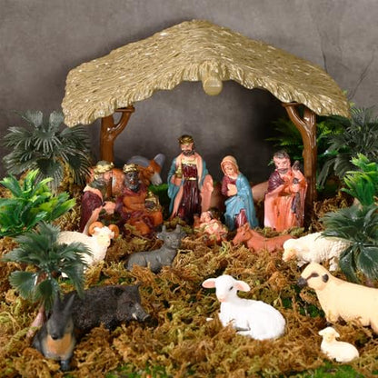 Nativity Scene Set 27 Pieces Christmas Figures Baby Jesus Holy Family Stable Model with Trees & Moss - Realistic Design (Variation of THIS listing)
