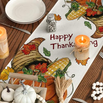 Thanksgiving Table Runner with Pumpkins and Turkey Harvest Fall Decor 13x60 Inch