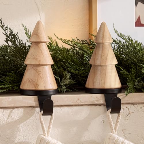 Natural Wooden Christmas Stocking Holder Set - 4 Pack, Mantle Decor