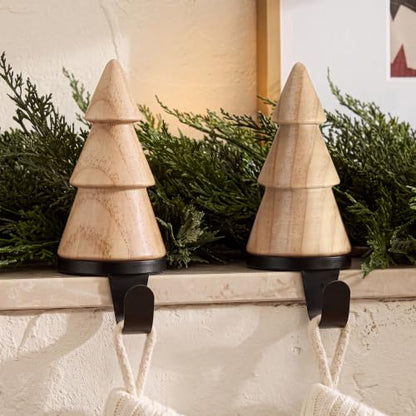 Natural Wooden Christmas Stocking Holder Set - 4 Pack, Mantle Decor