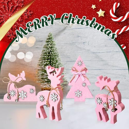 Pink Christmas Reindeer & Tree Wooden Tabletop Decorations - Set of 4