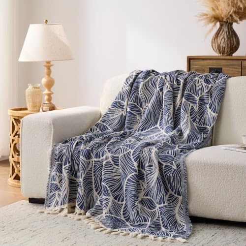 Grand Blue Chenille Throw Blanket with Tassels - Lightweight & Soft 55x60"