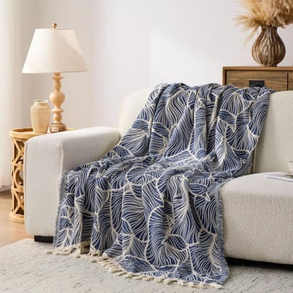 Grand Blue Chenille Throw Blanket with Tassels - Lightweight & Soft 55x60"