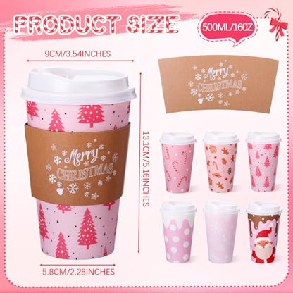 60 Pack Christmas Coffee Cups with Lids & Sleeves - 16 oz Festive Holiday Design Snowflakes Santa Gingerbread Polka Dots