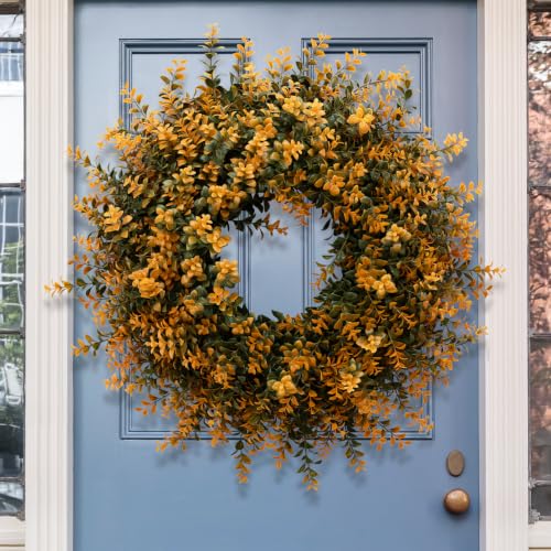 26 Inch Fall Wreath for Front Door with Orange and Green Boxwood - Outdoor Decor