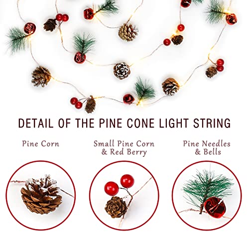 Indoor Christmas Garland with 30 LED Lights, Red Berries & Pine Cones