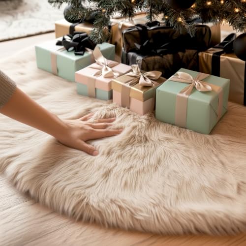 48 Inch Beige Faux Fur Christmas Tree Skirt - Holiday Decor for Xmas Tree