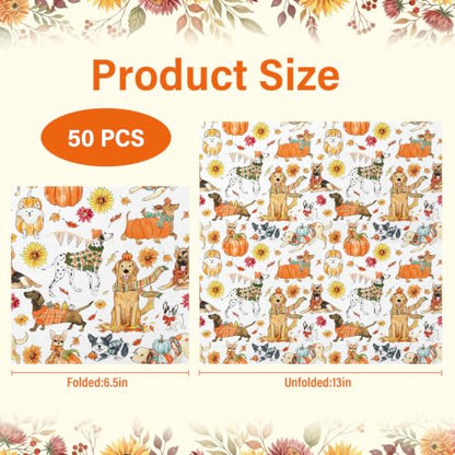 Fall Napkins Cocktail Paper Set with Dogs Pumpkins Sunflowers 50 Sheets