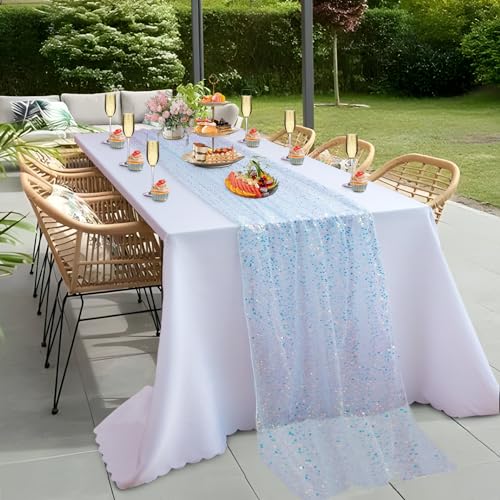 Blue Iridescent Sequin Table Runner 120 Inch for Wedding Party Decor - Mermaid Theme