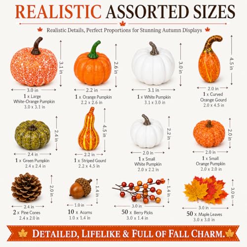 120-Piece Fall Harvest Decor Set with Mini Pumpkins, Gourds & Autumn Accents